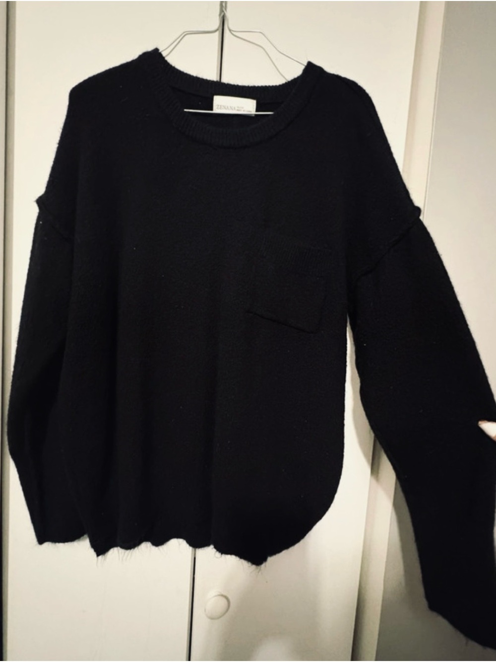 Zenana Outfitters Black Crewneck Sweater with Chest Pocket